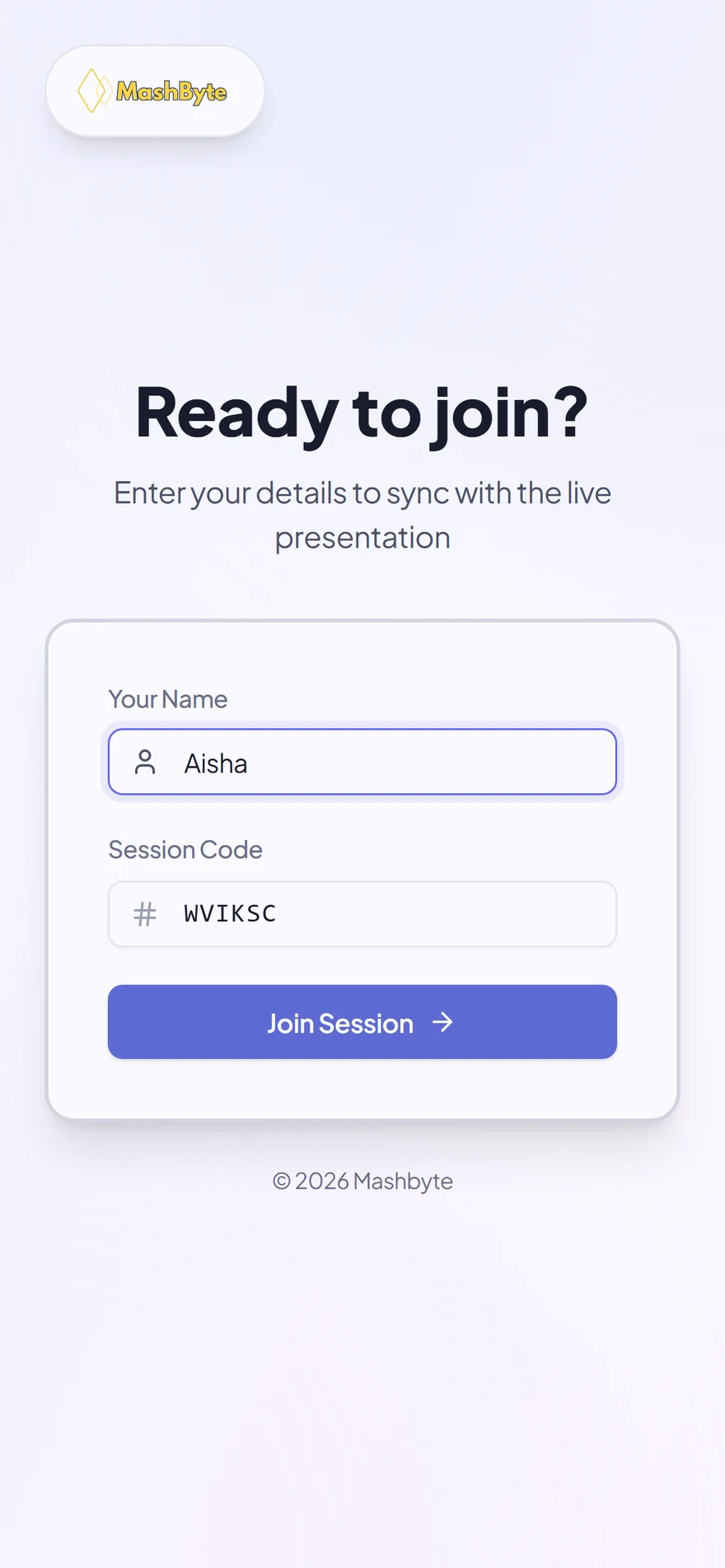 Participant phone entering a name and session code to join