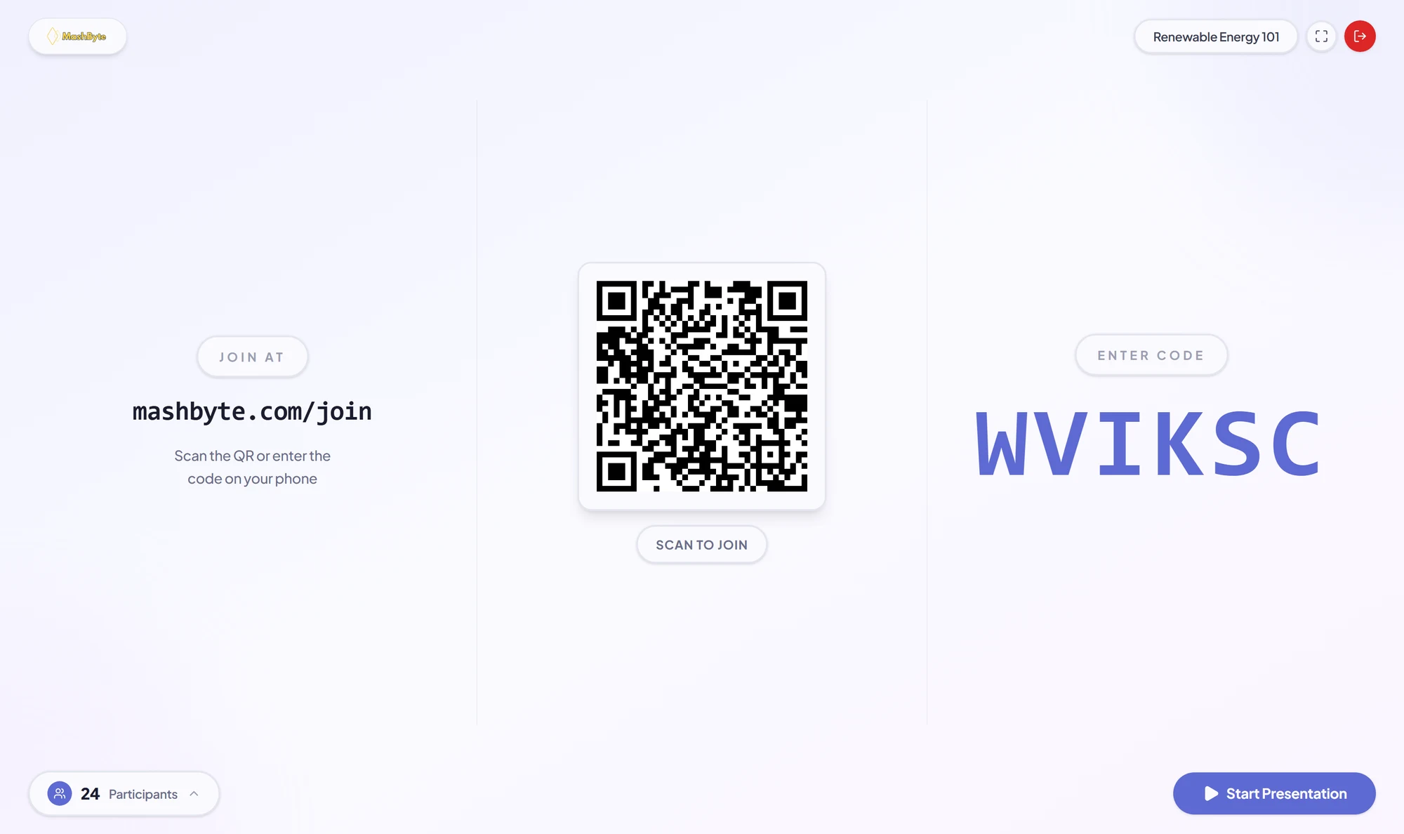 Session waiting room showing the join code, QR code, and 24 participants