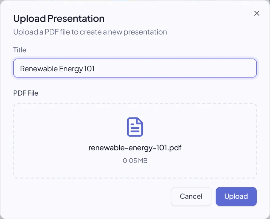 Upload Presentation dialog with a PDF selected